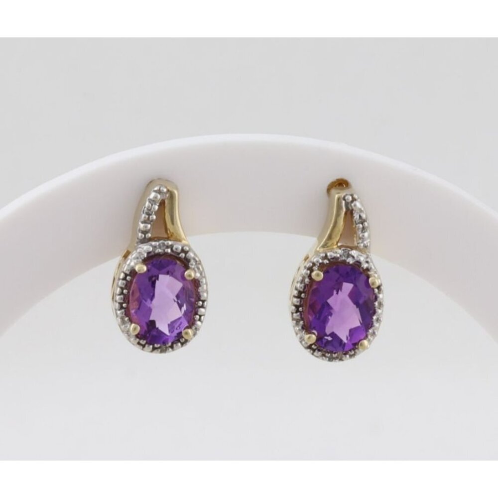 10k Yellow Gold Natural Amethyst & Diamond Earrings Stud Post 1/2" x 3/8" inch